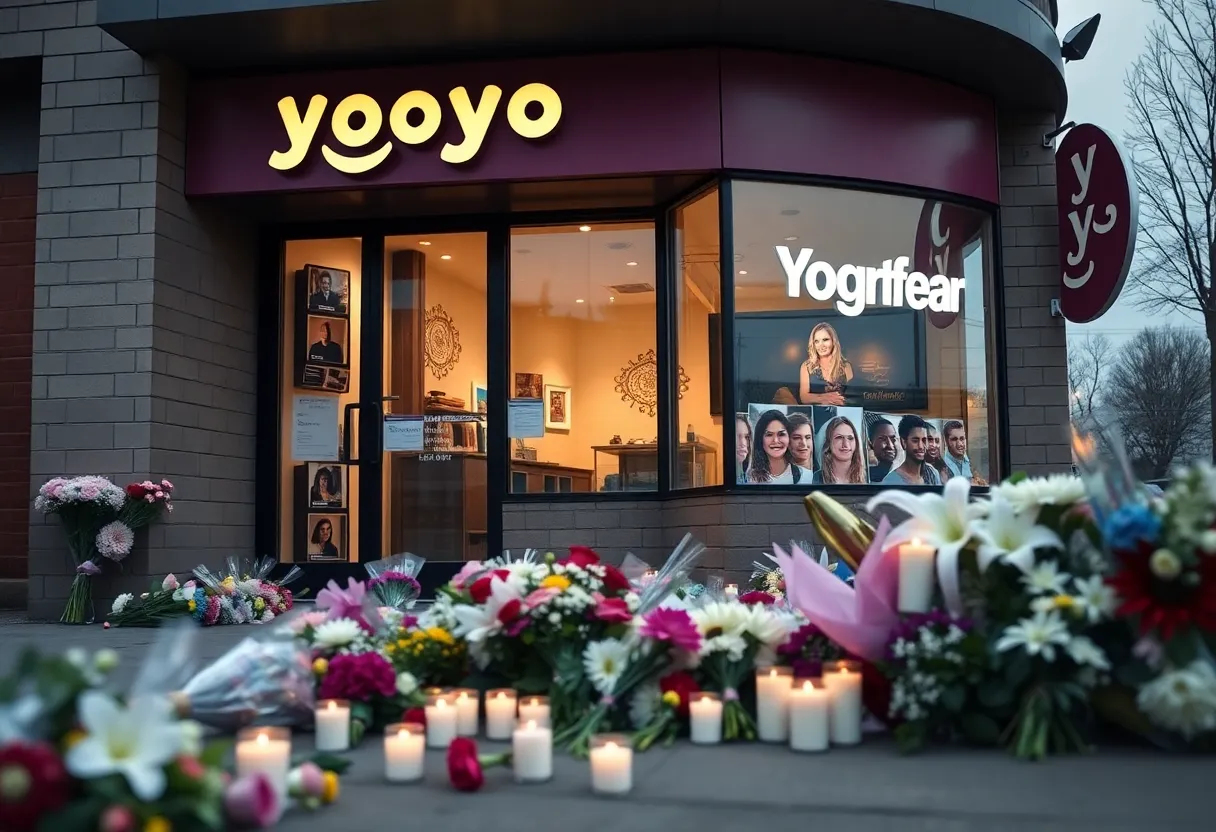 Memorial scene outside a yogurt shop