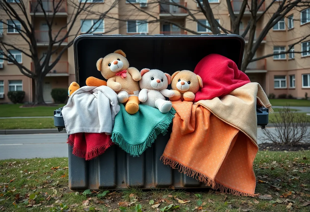 A dumpster with toys and blankets, signifying the miraculous rescue of a baby girl.