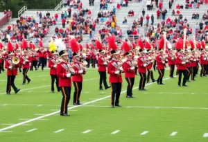 Marching band performing at the 2025 Bands of America Regional Championships