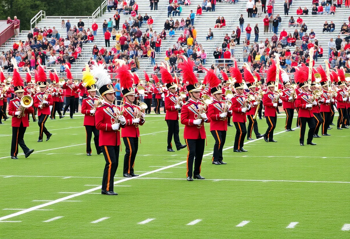Marching band performing at the 2025 Bands of America Regional Championships
