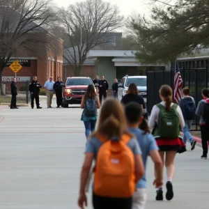 Police presence outside Barton Hills Elementary School during a safety alert.