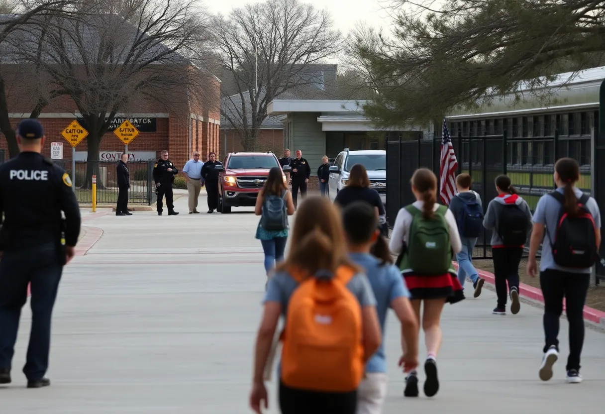 Police presence outside Barton Hills Elementary School during a safety alert.