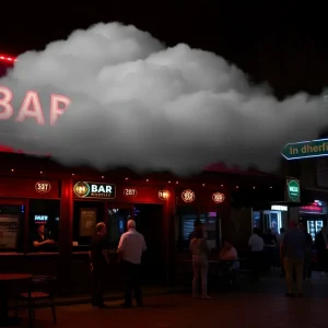 Nighttime view of Buckshot Bar in Austin with patrons outside