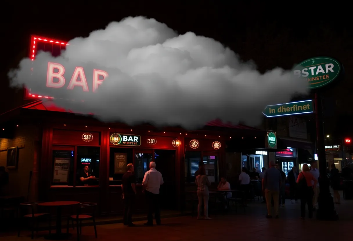Nighttime view of Buckshot Bar in Austin with patrons outside
