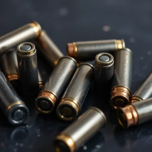 Bullet casings with political engravings on dark surface