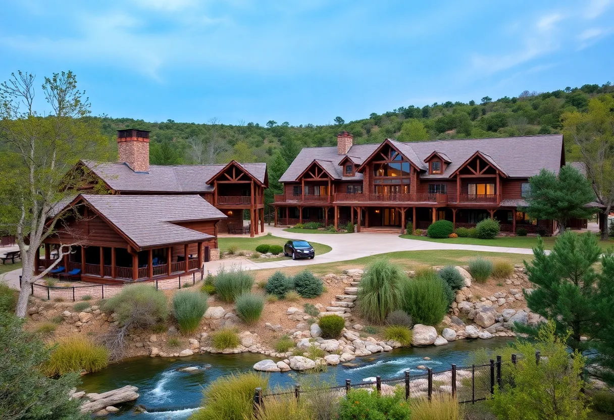 View of Cactus Moon Lodge surrounded by lush Texas Hill Country scenery