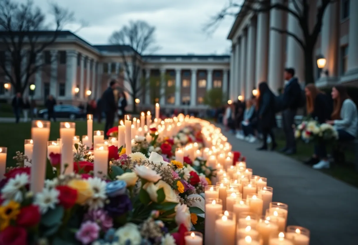 A candlelight vigil on a university campus attended by students honoring an activist