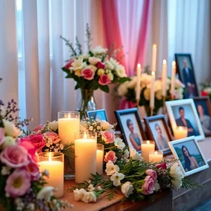 Setting for Juan Radford's Celebration of Life with flowers and candles.