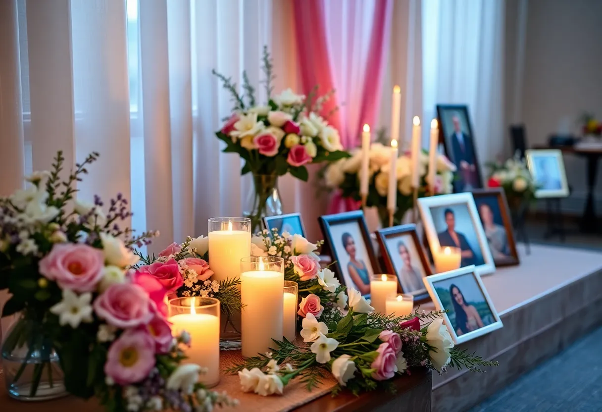 Setting for Juan Radford's Celebration of Life with flowers and candles.