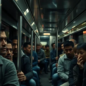 Interior of a Charlotte light rail train with distressed passengers.