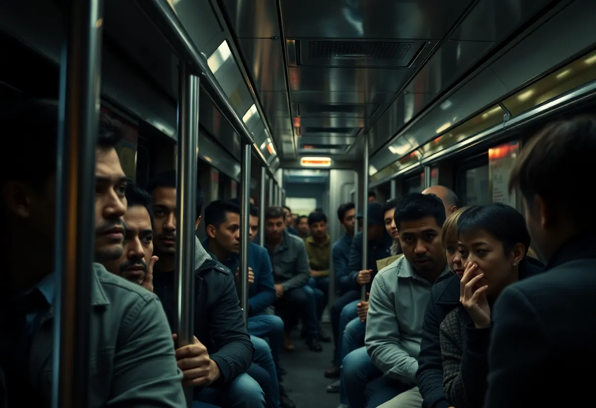 Interior of a Charlotte light rail train with distressed passengers.
