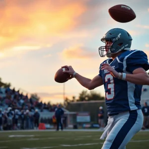 Quarterback throwing a football during a high school game