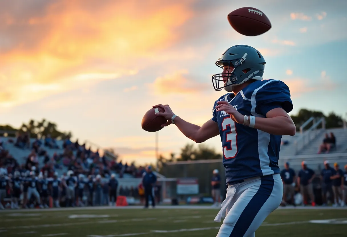 Quarterback throwing a football during a high school game