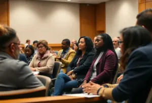 A group of residents discussing safety and services related to homelessness at a city council meeting.