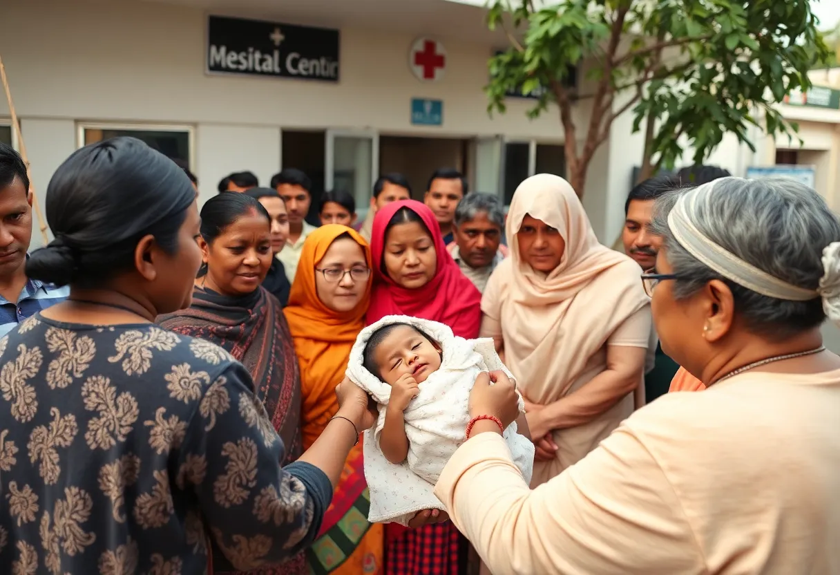 Community members showing support for an abandoned baby outside a medical center.