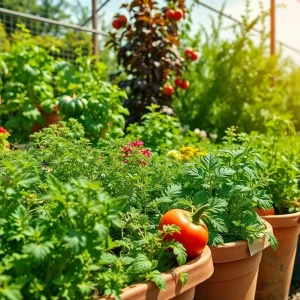 Colorful container garden with herbs and vegetables
