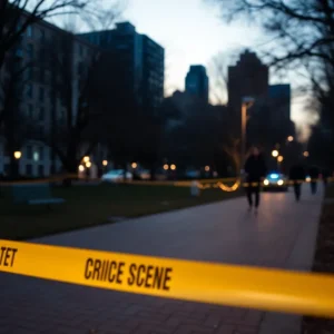 Crime scene police tape around Zilker Park at dawn