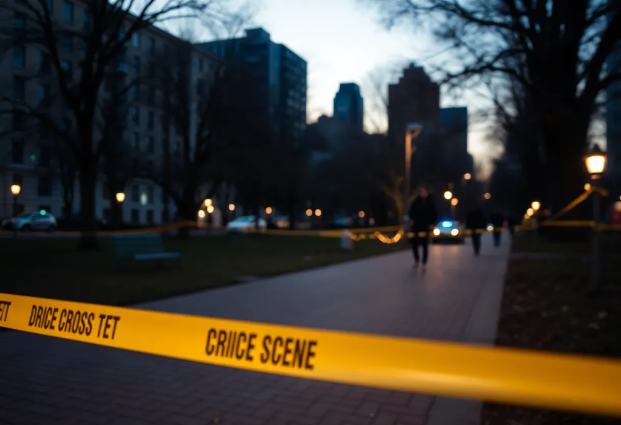 Crime scene police tape around Zilker Park at dawn