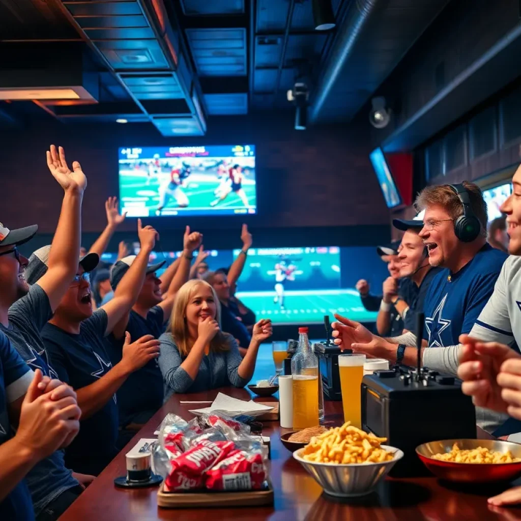 Fans enjoying Dallas Cowboys game in a sports bar