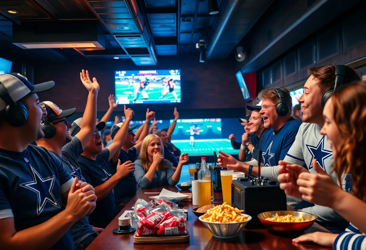 Fans enjoying Dallas Cowboys game in a sports bar
