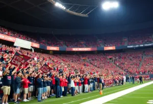 Fans celebrating East Texas A&M football victory at Memorial Stadium
