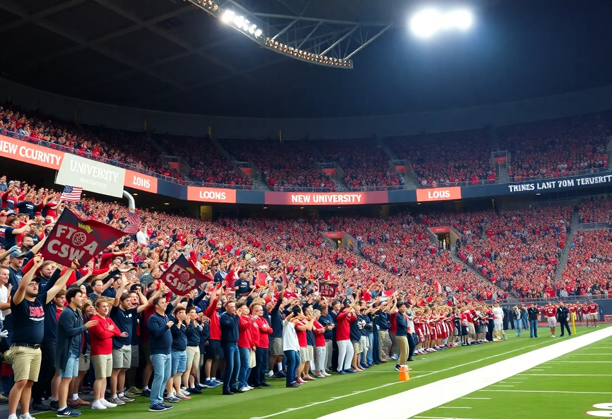 Fans celebrating East Texas A&M football victory at Memorial Stadium