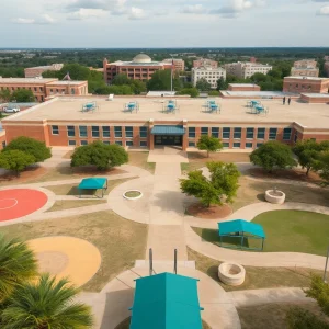 Aerial view of an empty school playground in Austin, Texas, symbolizing the challenges facing Austin ISD.