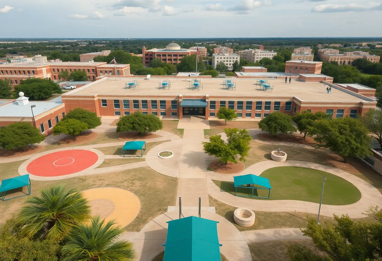 Aerial view of an empty school playground in Austin, Texas, symbolizing the challenges facing Austin ISD.