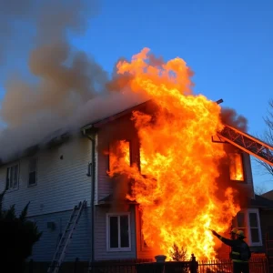 Firefighters combating a large fire at The Domain apartments