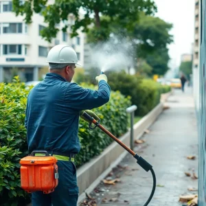 City worker cleaning graffiti from a wall in Austin