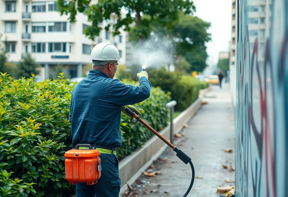 City worker cleaning graffiti from a wall in Austin