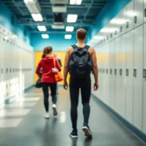 A gym locker room showing gym bags and lockers with an emphasis on security awareness.