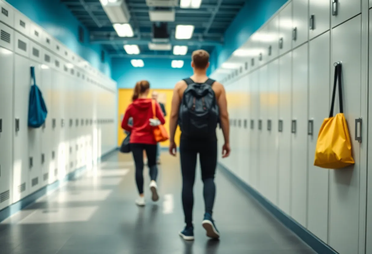 A gym locker room showing gym bags and lockers with an emphasis on security awareness.