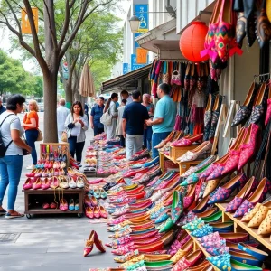 Vibrant sidewalk sale featuring handmade shoes