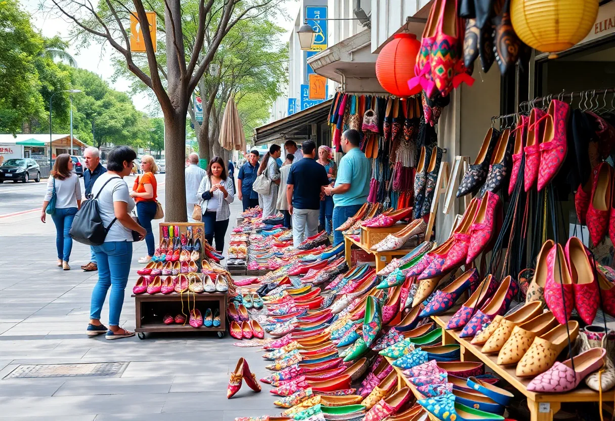 Vibrant sidewalk sale featuring handmade shoes