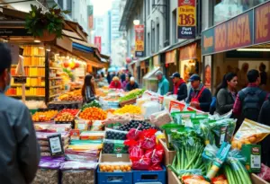 Festive market scene showcasing winners of H-E-B Quest for Texas Best competition.