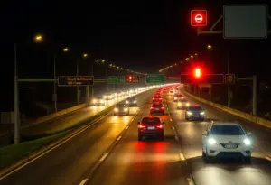 Nighttime view of a busy highway with traffic lights