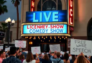 Crowds gathered outside a theater in Hollywood supporting free speech.