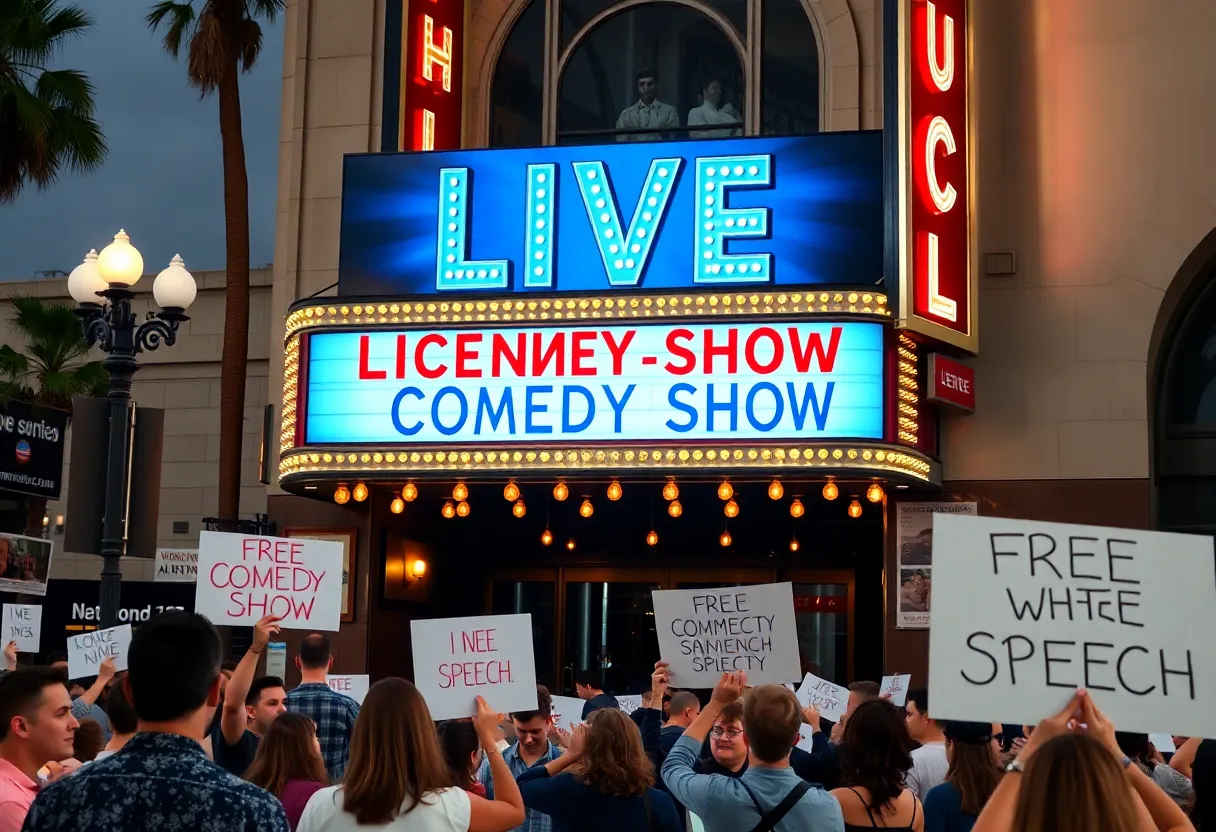 Crowds gathered outside a theater in Hollywood supporting free speech.