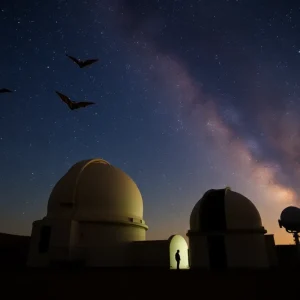A big free-tailed bat flying under a starry sky at the McDonald Observatory during a release event.
