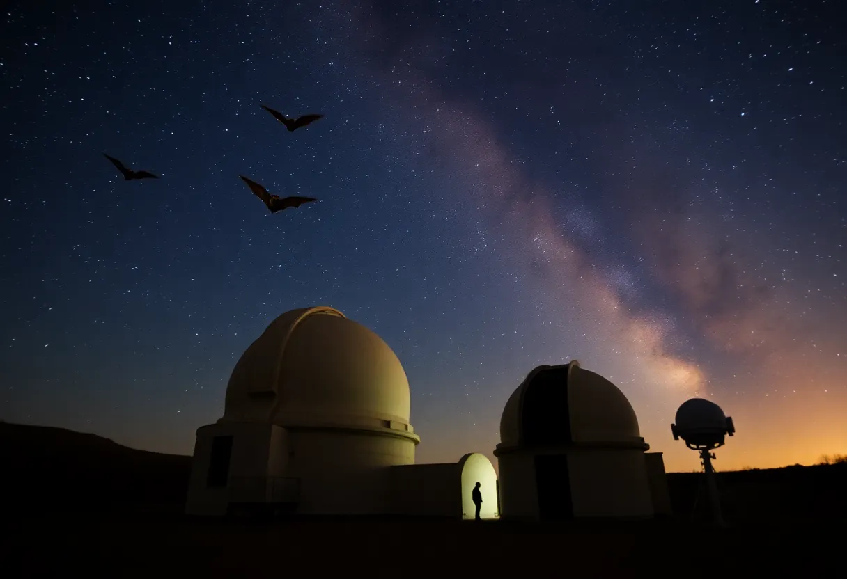 A big free-tailed bat flying under a starry sky at the McDonald Observatory during a release event.