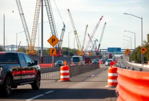 Construction work on I-35 with barriers and cranes in South Austin