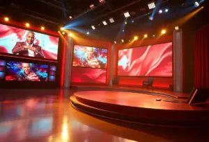 Late-night television stage depicting themes of free speech and media integrity