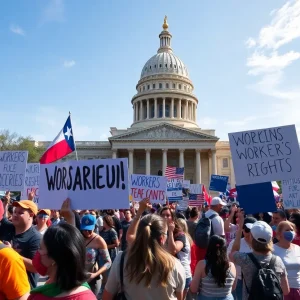Crowd marching in Austin for Labor Day with banners