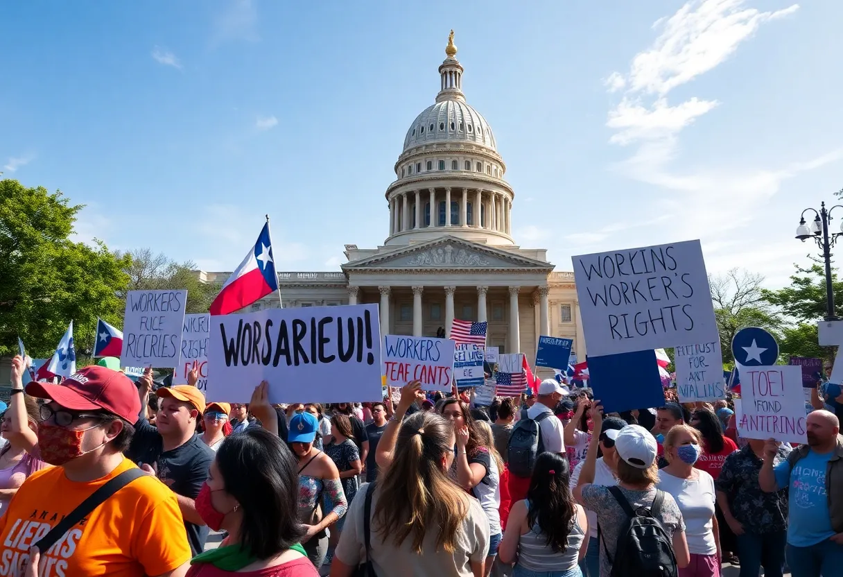 Crowd marching in Austin for Labor Day with banners