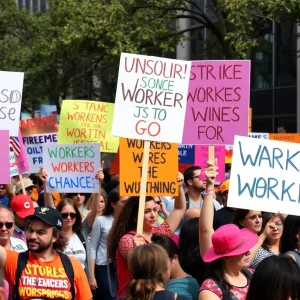 Protesters holding signs at the Labor Day Rally in Austin