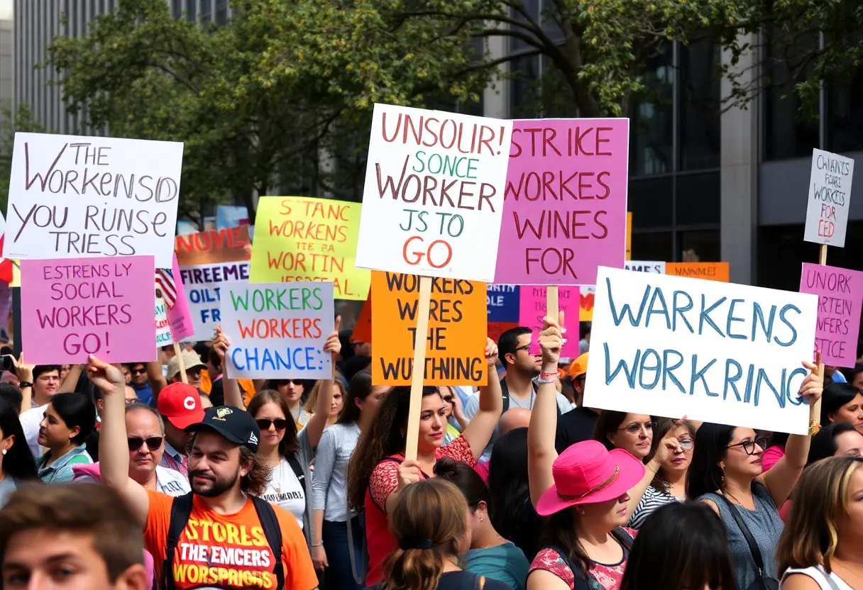 Protesters holding signs at the Labor Day Rally in Austin