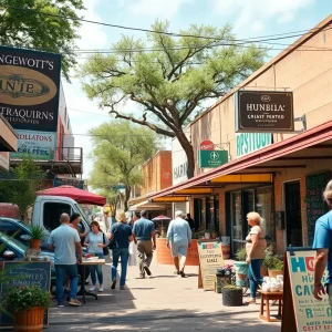 Street scene of local businesses in Austin