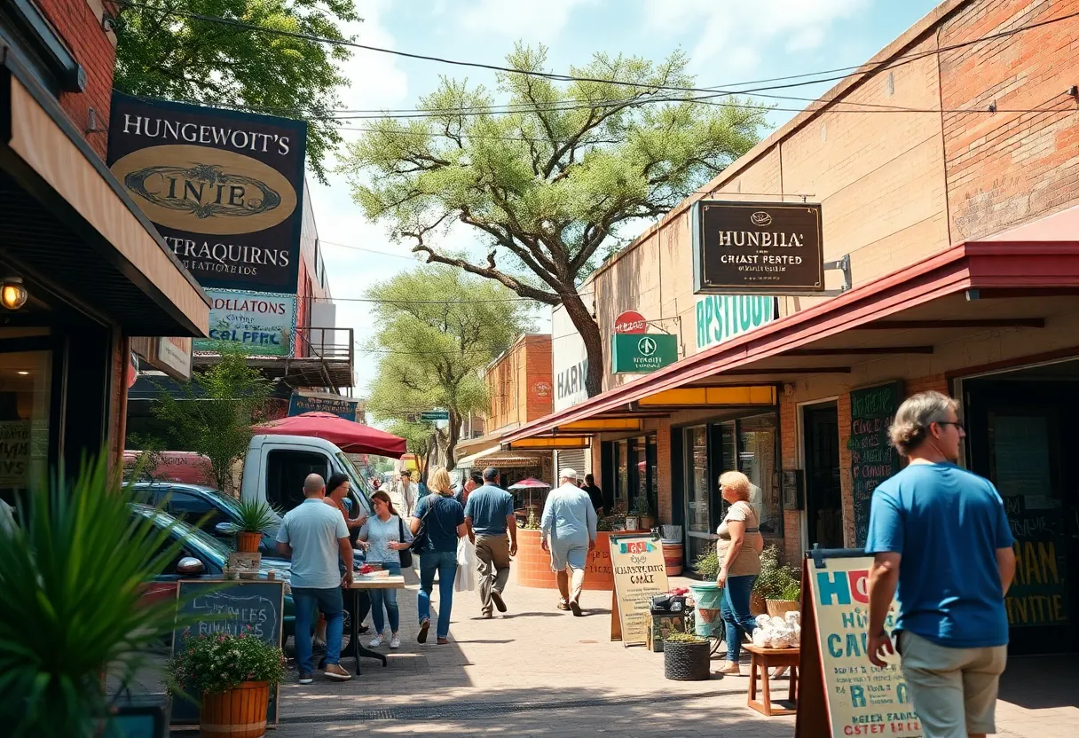 Street scene of local businesses in Austin