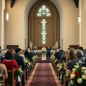 A gathering of community members at a church for a memorial service